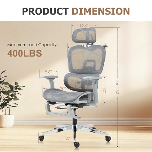 Ergonomic Mesh Office & Gaming Chair with Footrest, High Back Home Office Desk Chair, Comfortable Lumbar Support, 130° Tilt, Adjustable 3D Armrest & 2D Headrest (Grey)