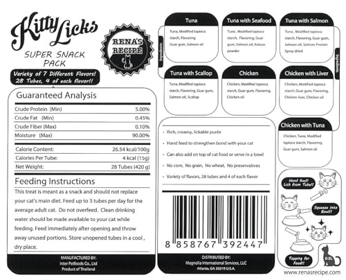 Rena's Recipe Kitty Licks Chicken Barrel (60 Tubes) 3 flavorsX 20 Tubes Cream Lickable Cat Treats 3 Different Flavors: Chicken, Chicken with Tuna, and Chicken with Liver