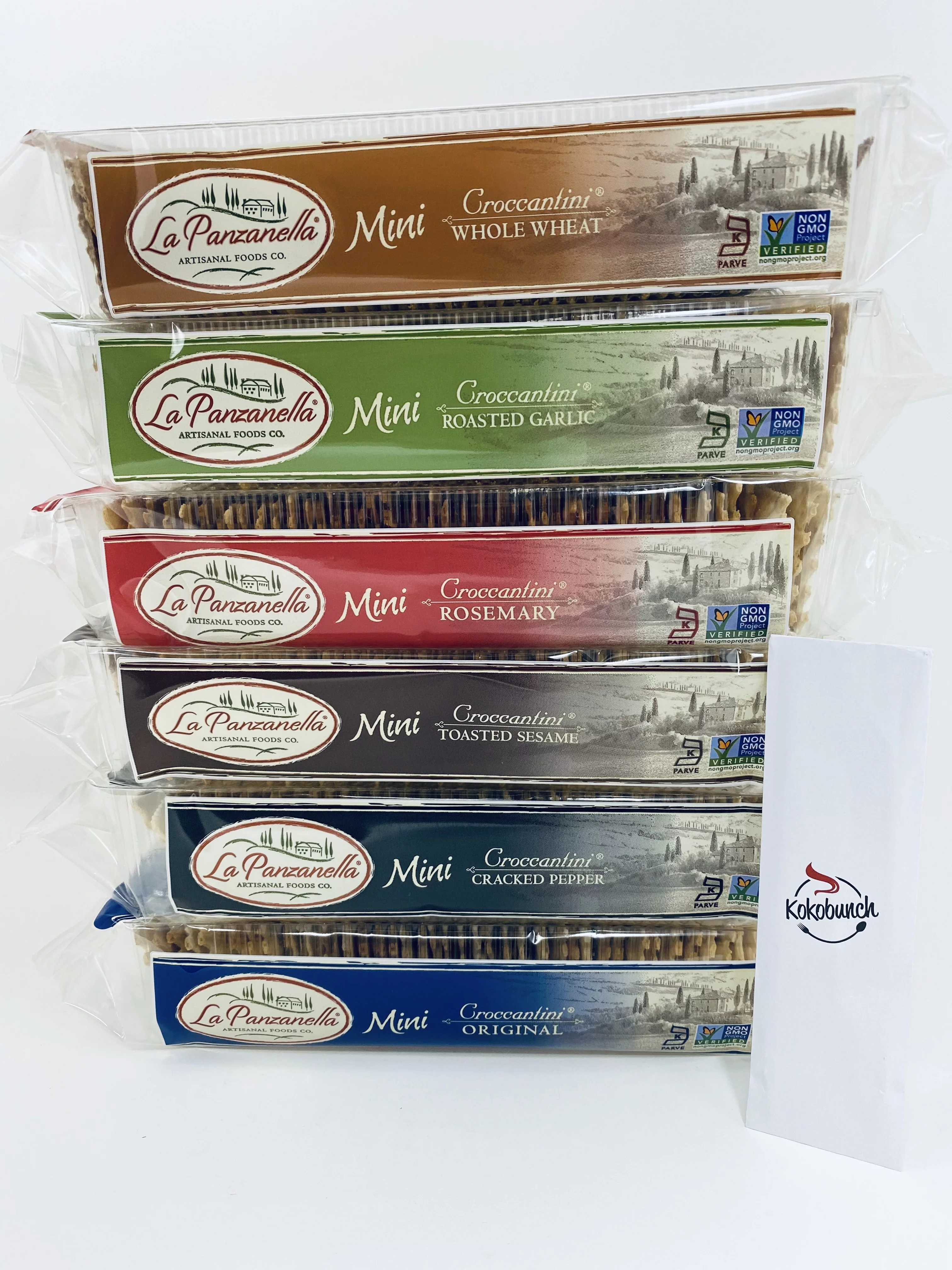 La Panzanella Artisan Crackers Mini Croccantini Variety Bundle | Cracked Pepper | Whole Wheat | Roasted Garlic | Rosemary | Toasted Sesame And Original With Kokobunch Kit 6oz (Pack of 6)