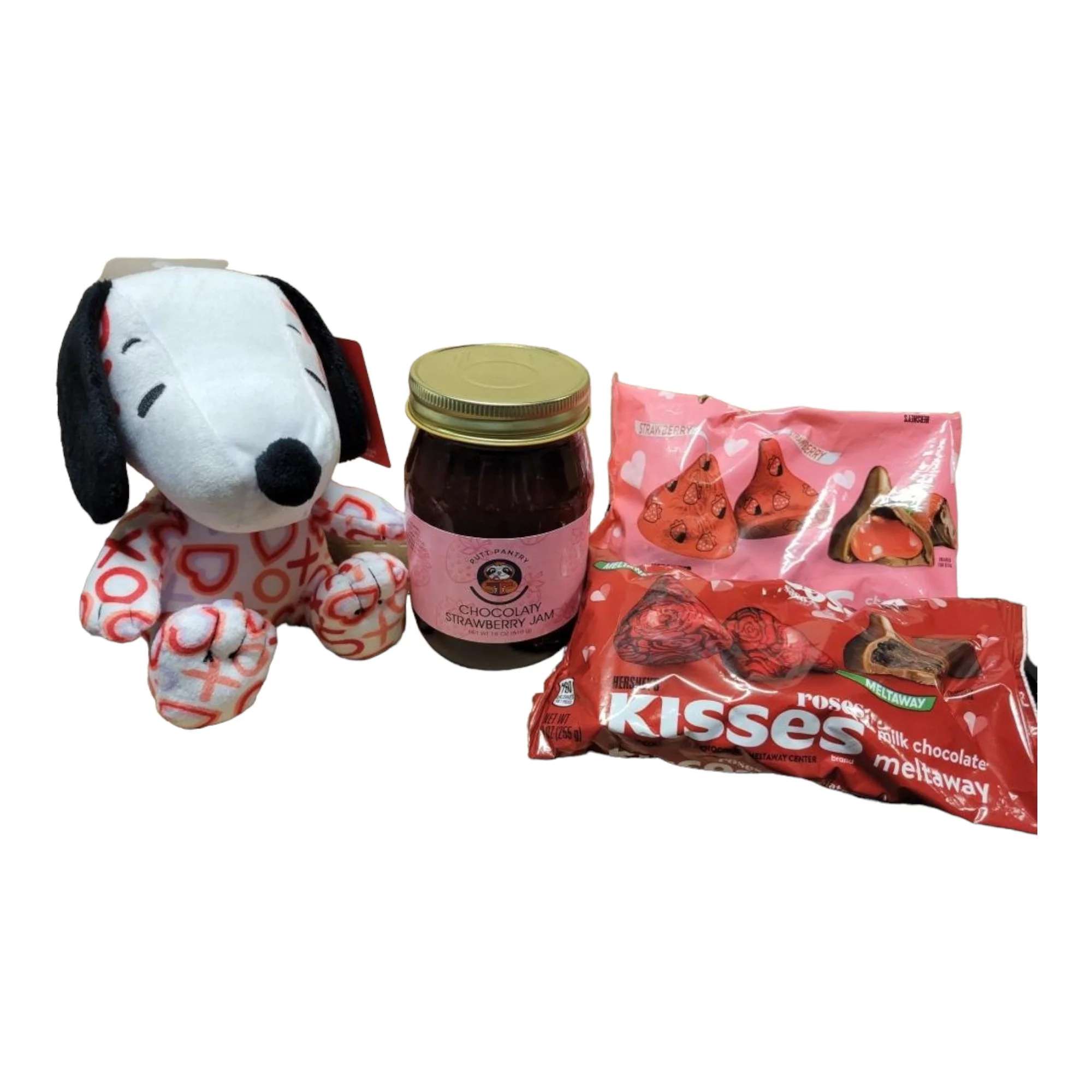 Mothers Day Snoopy Kisses Bundle, 1 heart Snoopy plush, 1 9 oz bag of Hersheys chocolate dipped strawberry kisses, 1 9 oz bag of Hersheys milk chocolate meltway kisses, 1 18 oz jar of Putts Pantry...