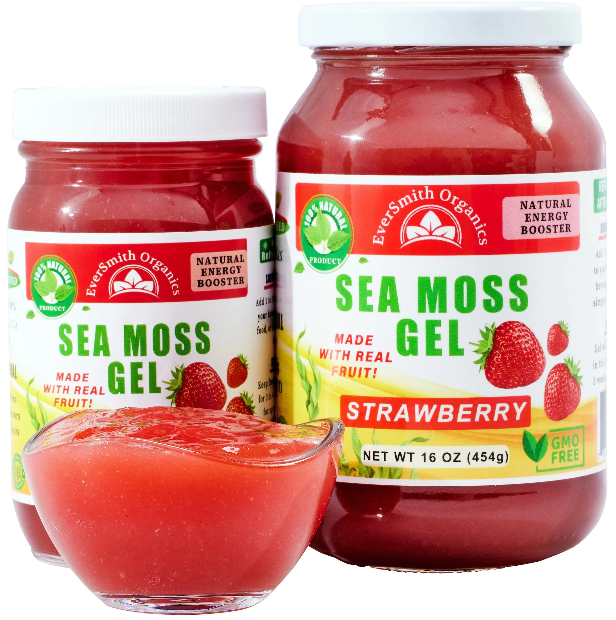 Organic Sea Moss Gel (Strawberry) - LARGE 16 OZ - Real Fruit - Wildcrafted Sea Moss