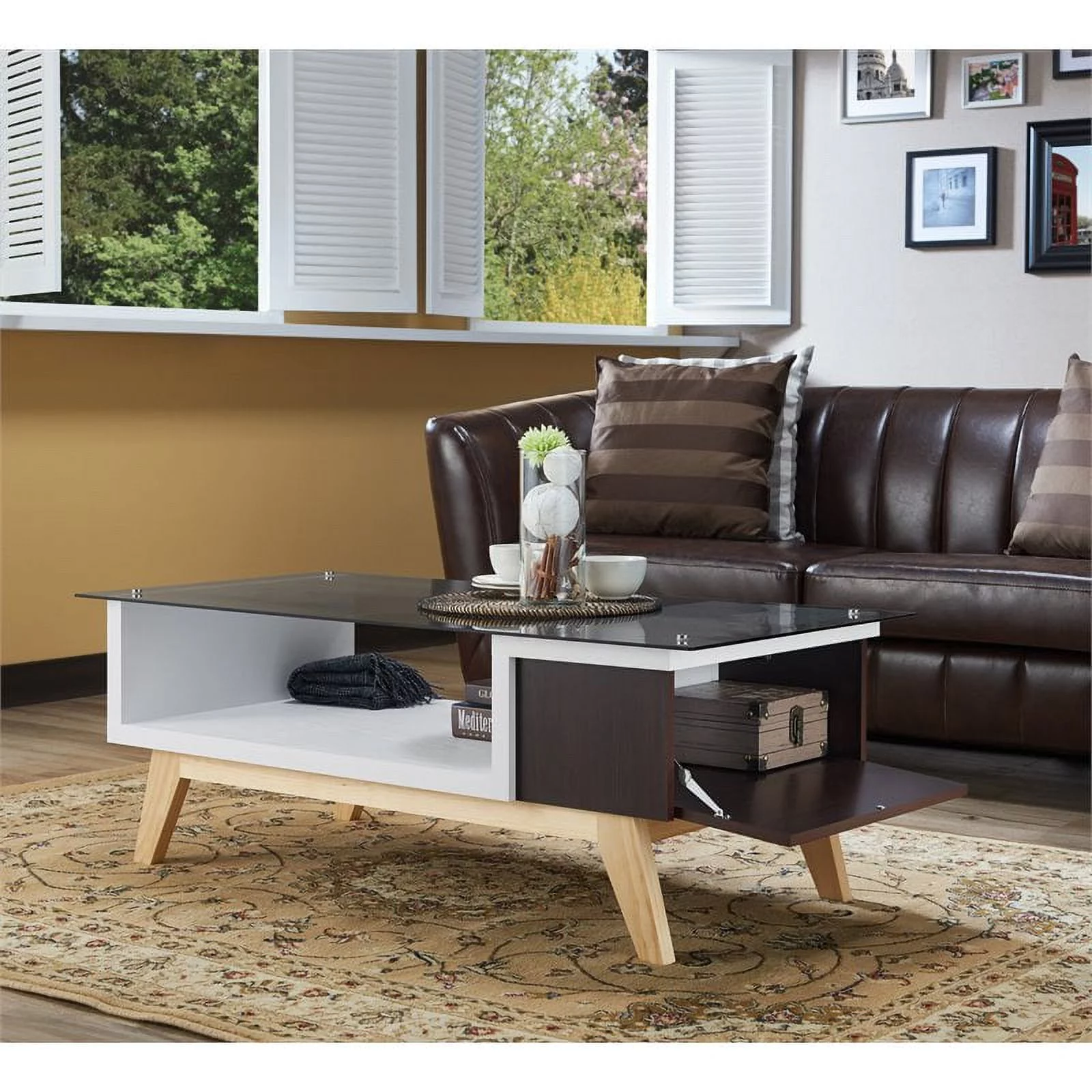 Furniture of America Rokan Mid-Century Glass Top Coffee Table in Espresso