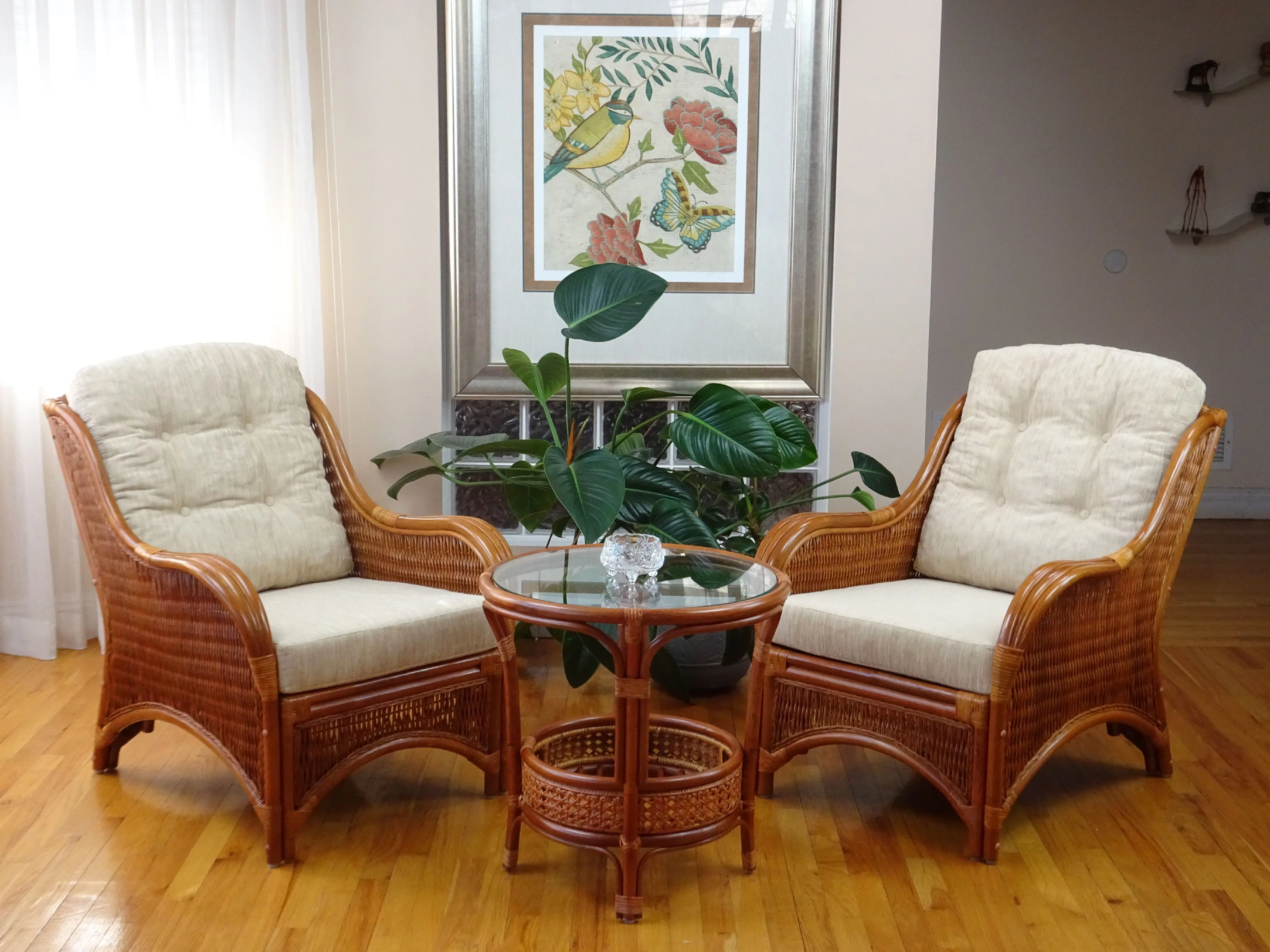 SK New Interiors Jam Lounge ArmChair ECO Natural Rattan Wicker Handmade Cream Cushions, Colonial Color