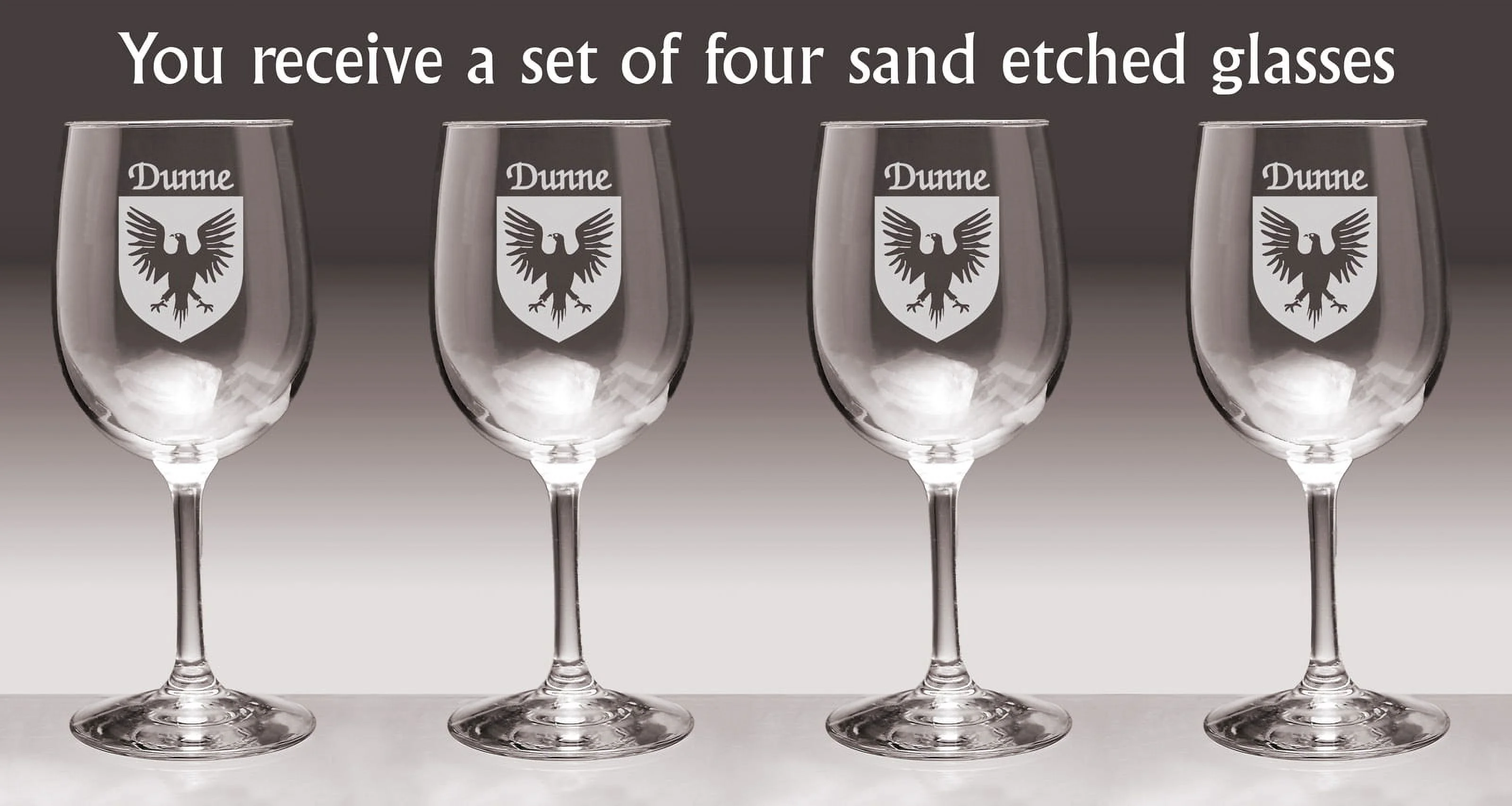 Dunne Irish Coat of Arms Wine Glasses - Set of 4 (Sand Etched)