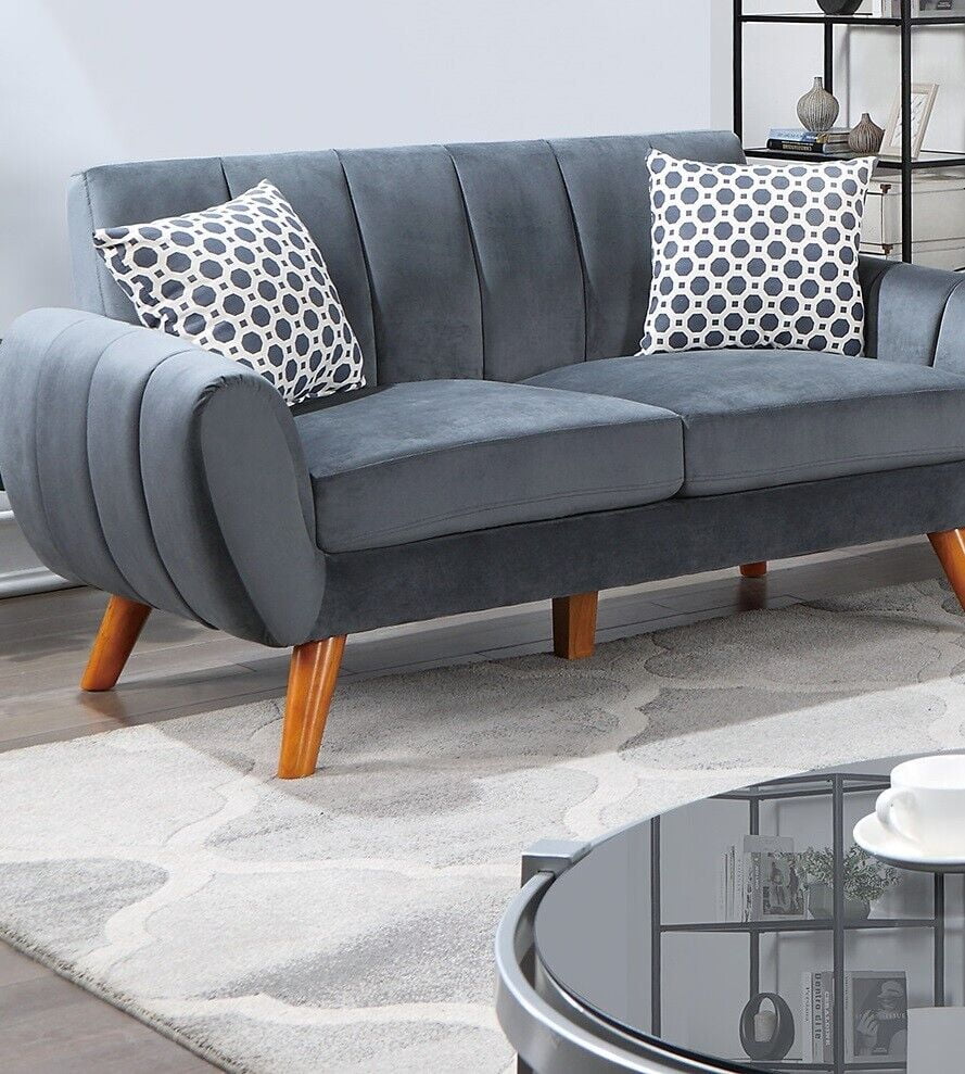 2pc Sofa Set Sofa And Loveseat w Pillows Velvet Fabric Plush Cushion Couch Dark Gray Wooden Legs Living Room Guest Furniture
