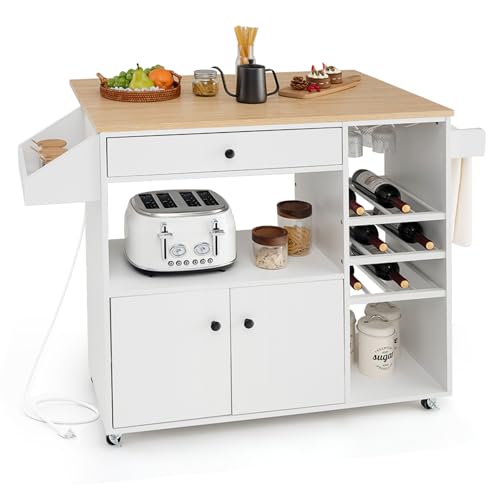 Rolling Kitchen Island with Drop Leaf & Power Outlet, Microwave Cart with Storage Cabinet, Drawer, Wine & Cup Holder, Spice & Towel Rack, Island Bar Table for Breakfast (Black)