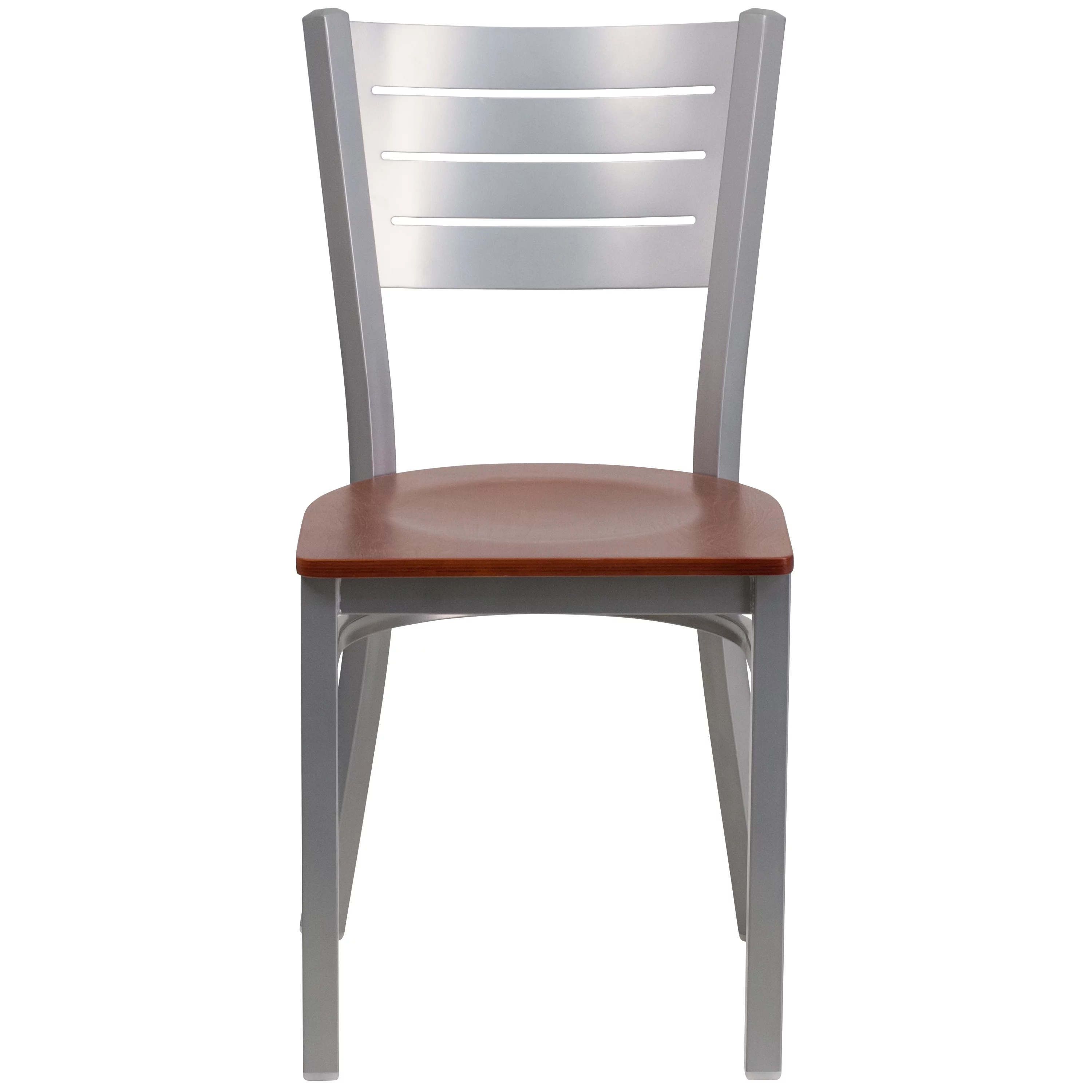 Emma + Oliver Silver Slat Back Metal Restaurant Chair - Cherry Wood Seat