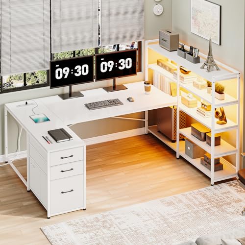 Sedeta L Shaped Desk with Storage Shelves, 64.5'' Reversible U Shaped Office Desk with 3 Fabric Drawers, Gaming Desk with Power Outlet & LED Strip, Rustic Brown