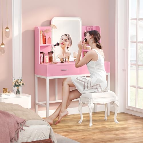 armocity Vanity Desk with Mirror and Lights, Makeup Vanity with 2 Storage Drawers, Vanity Table Set with 3 Color Lighting Options, Modern Dressing Table with Storage Shelf for Bedroom, White