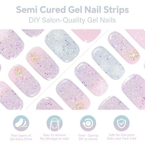 Semi Cured Gel Nail Strips-Easy Apply Christmas Gel Nail Stickers Holiday Semi Cured Manicure Strips with Sparkling Xmas Designs (Classic Yule)