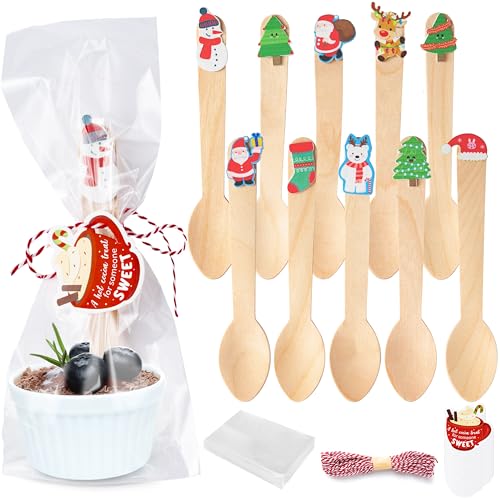 Christmas Wooden Spoons - 100 Set Xmas Disposable Spoons With Cute Top Tag Bag Rope, Snowman Tree Sample Taster Spoon, For Winter Tasting Hot Cocoa Chocolate Cake Ice Cream Stirring Supplies