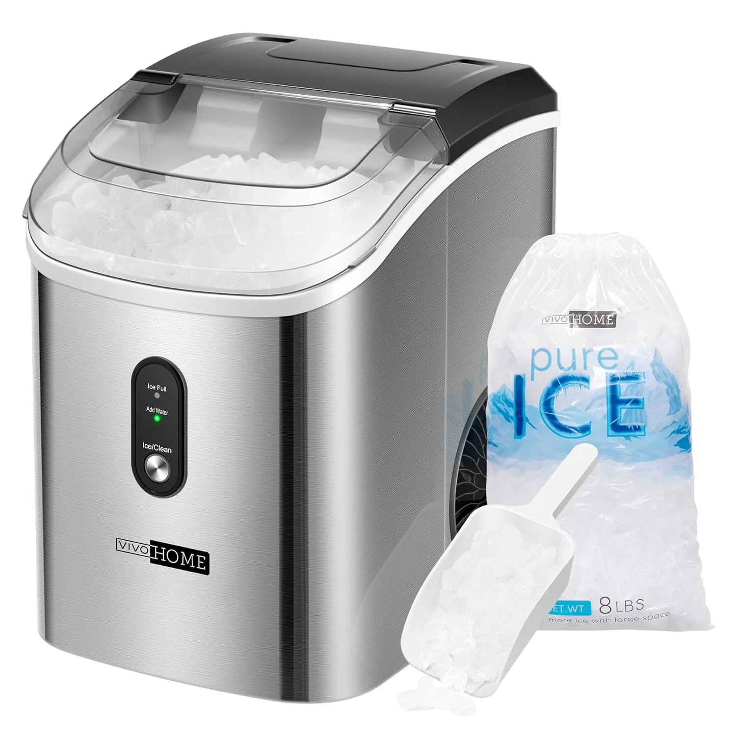 SPECSTAR Nugget Ice Maker Machine, Countertop Ice Cube Maker Machine with Hand Scoop 10 Ice Bags and Self Cleaning Function 33lbs/Day Silver