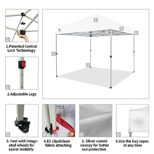 CROWN SHADES 10x10 Pop Up Canopy - Beach Tent with One Push Setup - Easy Outdoor Sun Shade for Events, Parties, Camping - Gazebo with STO-N-Go Cover Bag, Silver Coated Top, White