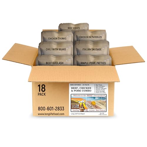 MRE Entrees (18-Pack) Beef, Chicken & Pork Combo (Bf strips, Chili w/Beans, Italian Sausage in Marinara Sauce, Beef Goulash, Chicken Noodles, Chunks, and Maple Pork Patties) by Long Life Food Depot