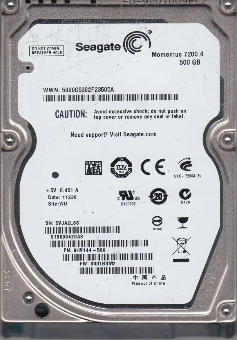 ST9500420AS, 5VJ, WU, PN 9HV144-566, FW 0001BSM2, Seagate 500GB SATA 2.5 Hard Drive