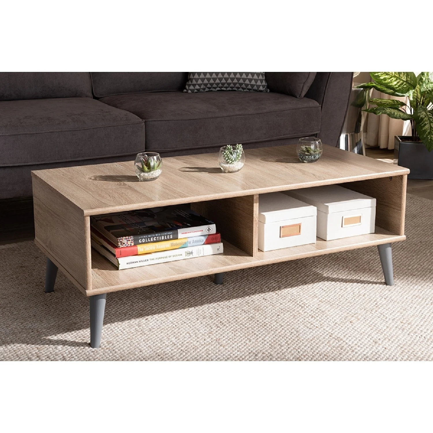 Baxton Studio Pierre Mid-Century Modern Oak and Light Grey Finished Wood Coffee Table