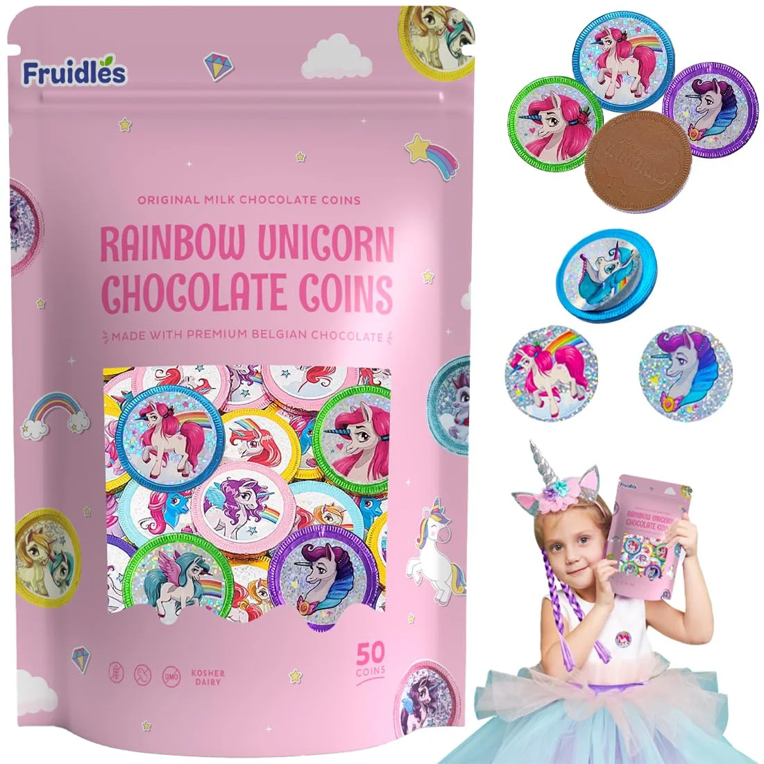 Rainbow Unicorn Chocolate Coins With Stickers, Milk Chocolate Coins In Foil, Chocolates Kosher Certified (50 Pack)