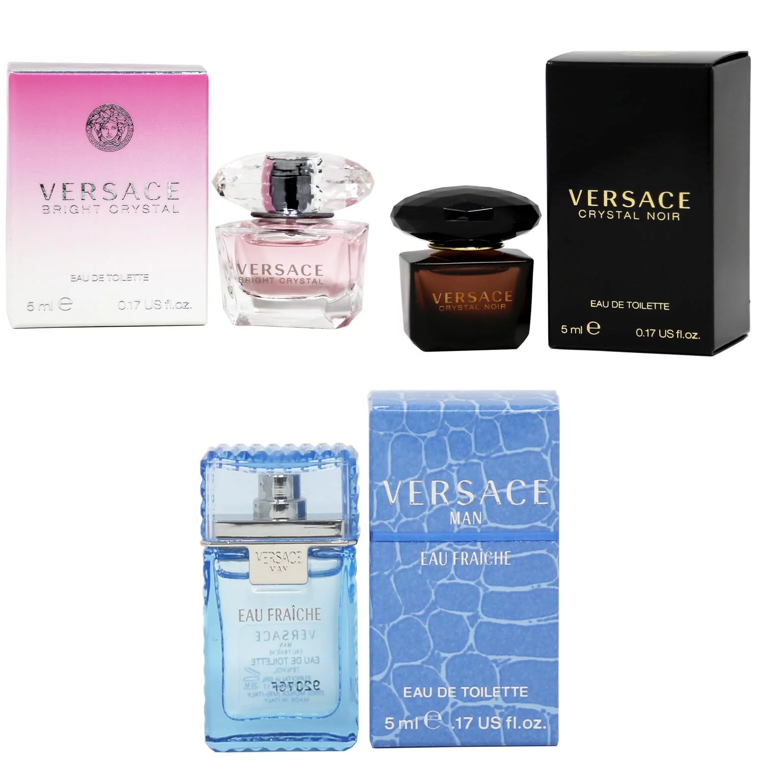 Versace Bright Crystal EDT, Crystal Noir EDT, Man Eau Fraiche EDT - 5ml 3PK Kit