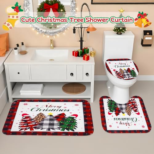 4Pcs Christmas Shower Curtain Set - Merry Christmas Bathroom Set Holiday Shower Curtain with Non-Slip Rugs, Toilet Lid Cover and Bath Mat