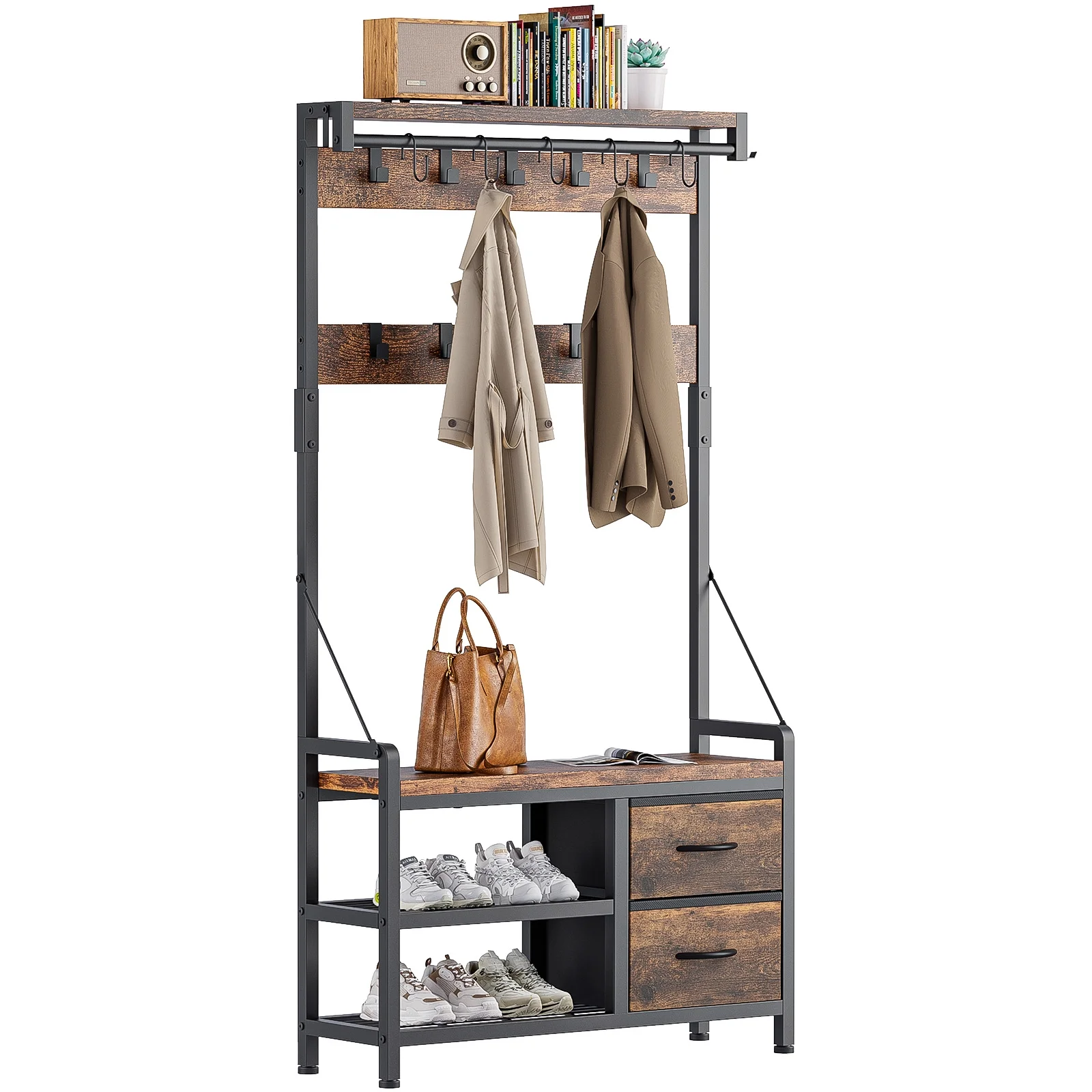 GIKPAL 4 in 1 Entryway Hall Tree Coat Rack with Shoe Storage Bench Industrial Entryway Bench with 17 Hooks 2 Drawers for Hallway or Living Room, Rustic Brown