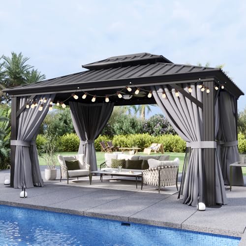 Aoxun Hardtop Gazebo 10x12, Aluminum Frame Canopy with Double Galvanized Steel Roof, Outdoor Gazebo with Breathable Netting and Privacy Curtain for Backyard