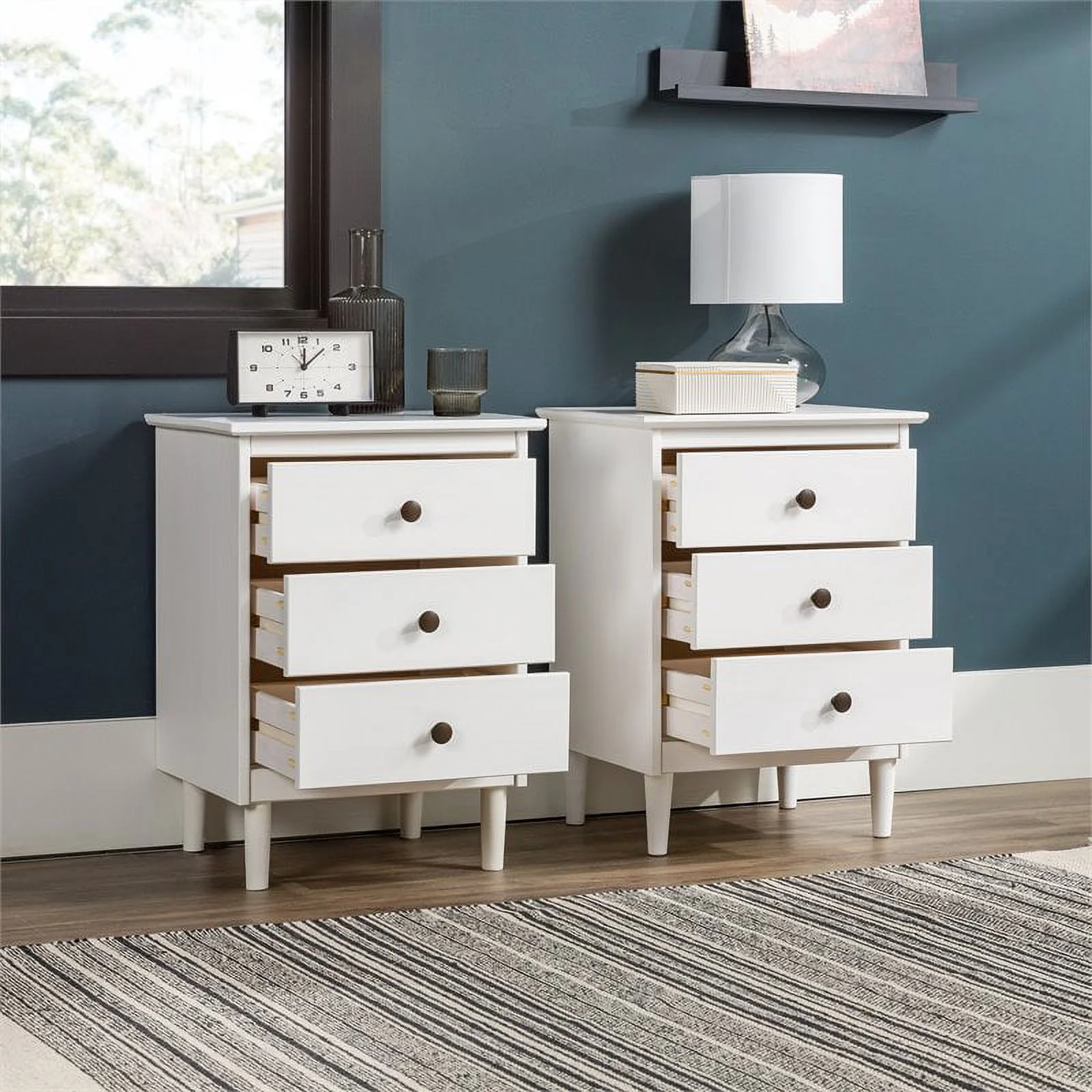 Pemberly Row Mid-Century Solid Wood Bedroom Nightstand in White (Set of 2)