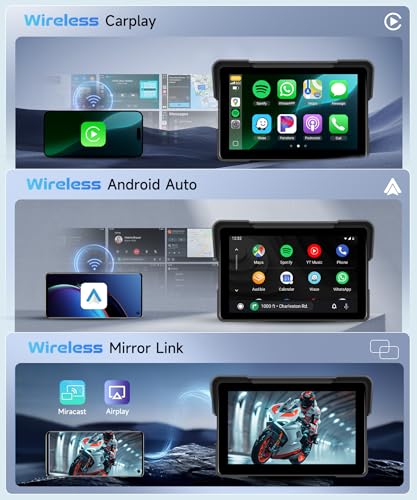 7Inch Motorcycle Carplay Screen, Wireless CarPlay & Android Auto with Design Mount Waterproof Touchscreen Supports GPS Navigation/Bluetooth Transmission/EQ