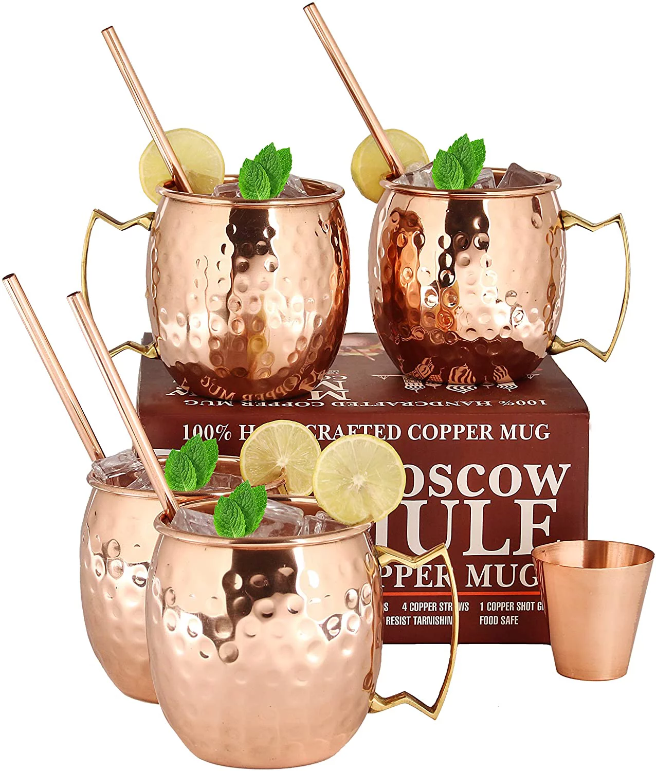 A29 Moscow Mule 4 Handcrafted Copper Mugs & 4 Copper Straws & Shot Glass
