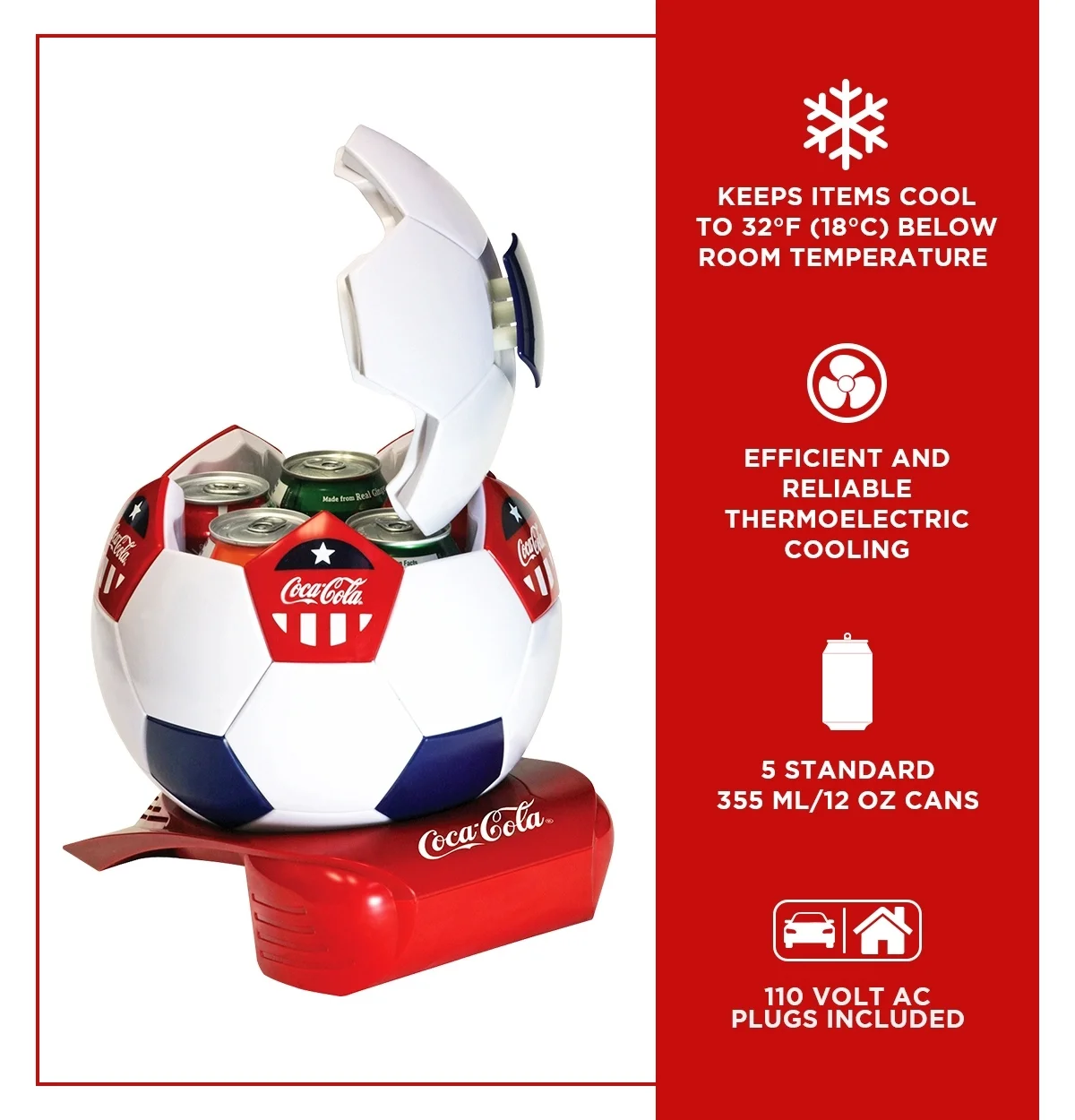 Coca-Cola Soccer Ball Mini Fridge, 5 Can Beverage Cooler White Red Black