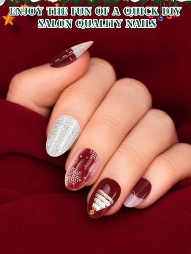 EBANKU 24PCS Christmas Semi Cured Gel Nail Strips, Tree Stickers Adhesive Pink Glitter UV Wraps Snowflake Polish Strips With File and Stick for Holiday Manicure