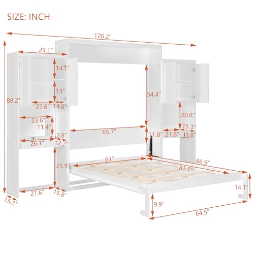 SOFTSEA Queen Size Murphy Bed with Desk and Storage, Wood Queen Wall Bed Frame with Vanity & Shelves, Space-Saving for Guest Room, Bedroom or Office, Espresso
