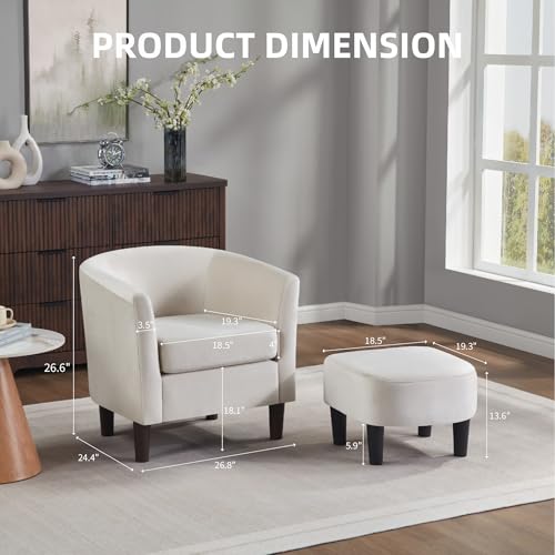 FLEXISPOT Accent Barrel Chair with Ottoman, Modern Comfy Armchair, Upholstered in Velvet, Reading Chair with Footrest, Contemporary Lounge for Living Room Bedroom Reading Room (White)