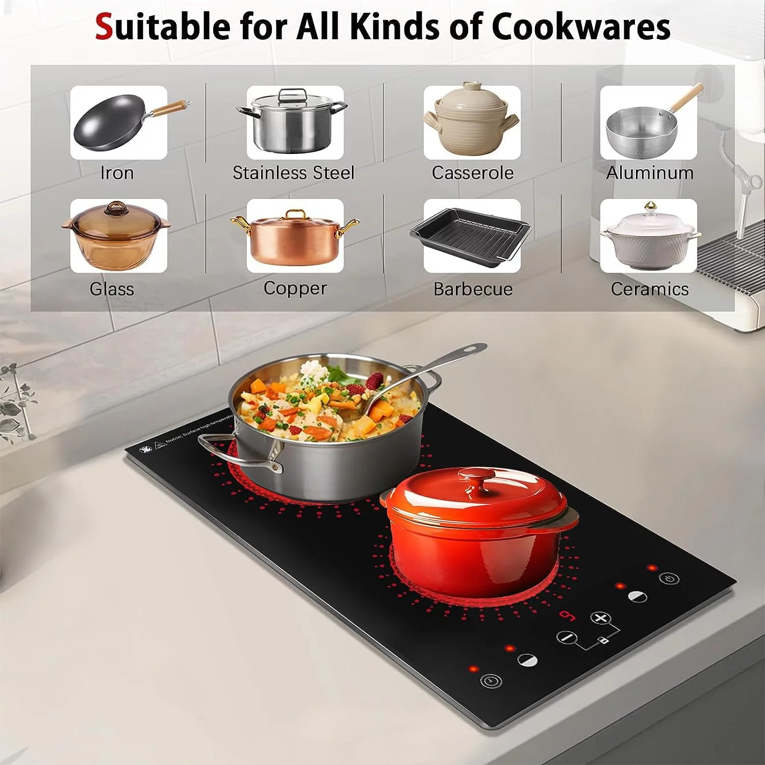 Electric Cooktop, 2 Burner Electric Stove with LED Touch Screen, 9 Heating Levels, Timer, Child Lock, Air Insulation, Silent Heating, 110V 12 Inch Built-in Hot Plate