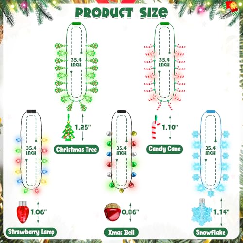 5 Pack Christmas Light Up Necklaces, 3 Modes Christmas Party Favors, Colorful Christmas Accessories for Women, 5 Designs Xmas Tree Bell Snowflake Cane Necklaces for Xmas Party Favor Party Supply