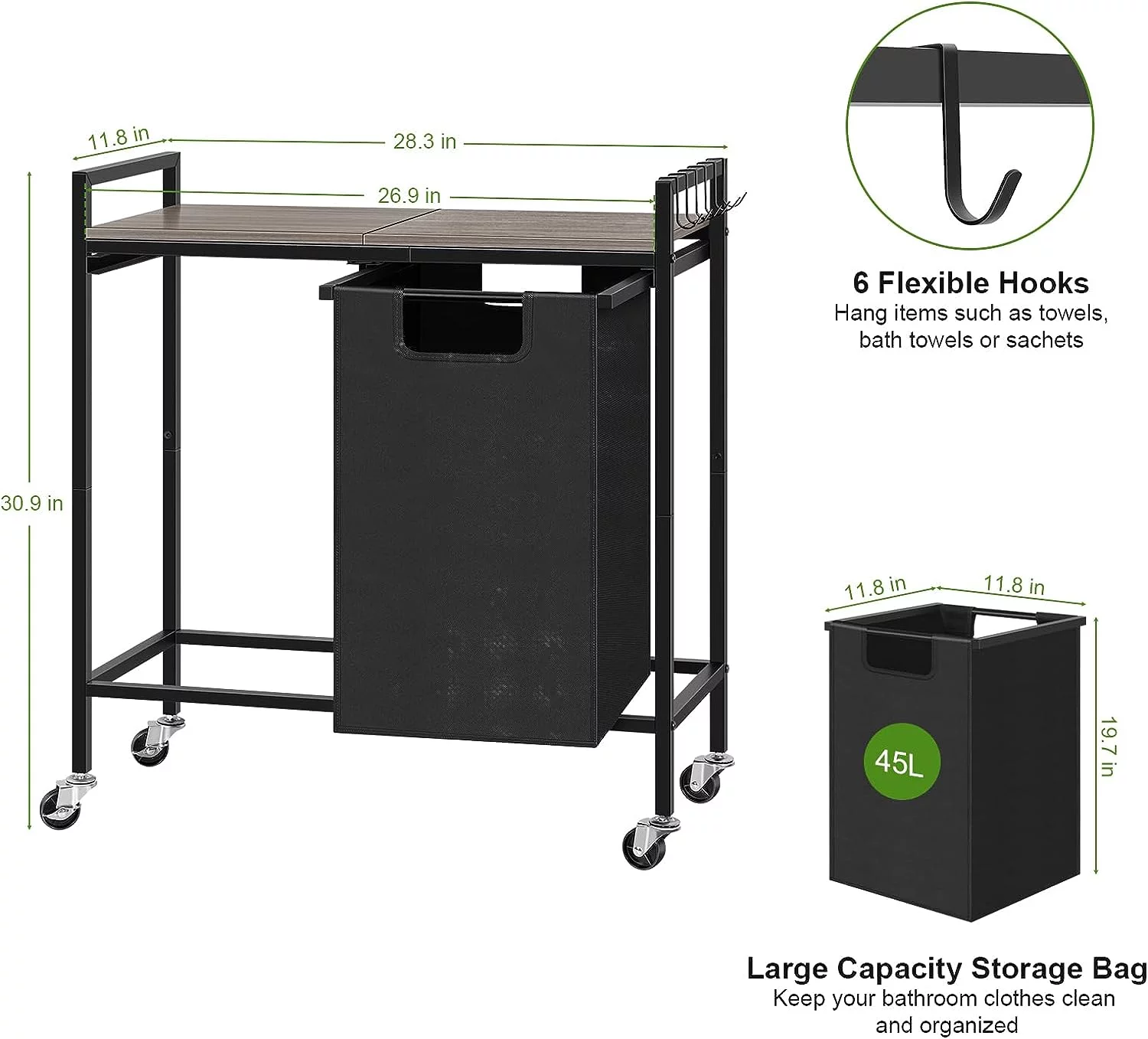 Rolling Black Double Laundry Hamper Basket with Removable Bag and Gray Wood Shelf