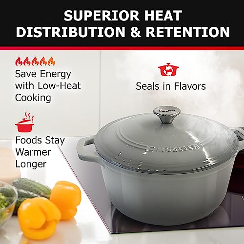 Mueller 6qt Enameled Cast Iron Dutch Oven, Heavy-Duty Casserole and Braiser Pan with Lid and Knob, Oven-Safe up to 500° F & Across All Cooktops, White