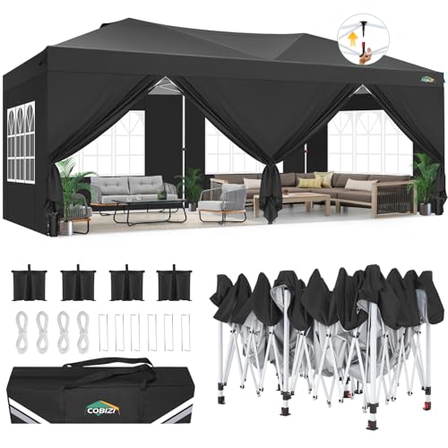 COBIZI Canopy 10x20 Pop Up Canopy Tent with 6 Sidewalls, One Push Party Tents for Parties Outdoor Wedding Waterproof Gazebo Commercial Event Tent with Sandbags, White