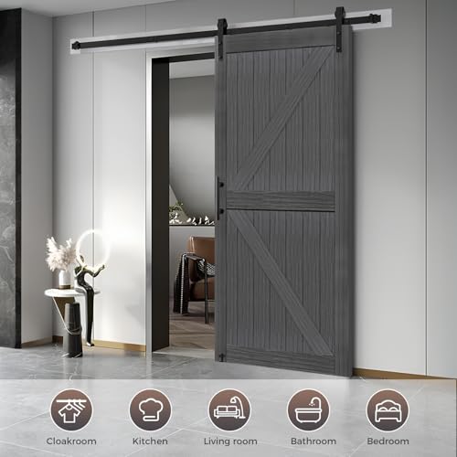 S&Z TOPHAND® 20 in x 84 in Elephant Gray British Brace Knotty Barn Door with 4FT Sliding Door Hardware Kit/Double -Sided Door Handle/Solid Wood/Sliding Door/Double Surfaces/Simple Assembly is Required
