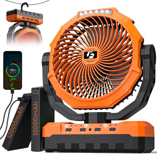 24000mAh Camping Fan - Detachable Rechargeable Battery Operated Fan with Light & Hook for Tent, Outdoor - USB Table Fan with 4 Speeds for Picnic, BBQ, Fishing, Travel, Hurricane