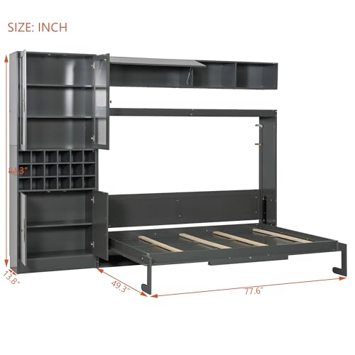 MERITLINE Queen Murphy Bed with Couch and Storage Shelves,Charging Station& LED Light,Wood Foldable Murphy Wall Bed Cabinet with Sofa and Storage Cabinet,Bookcase,Wine Rack (White)