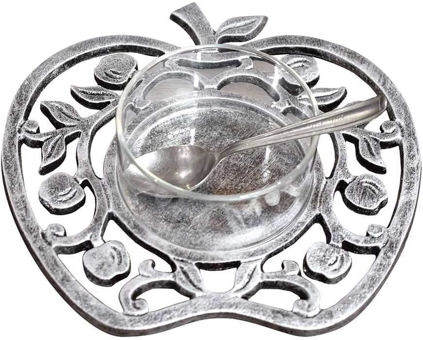 Zion Judaica Apple Shaped Antique Silver and Glass Bowl 4 Piece Honey Dish for Rosh Hashana, Holiday Judaica Gift Pesach Seder Decorations Charoset Dish or Salt Water Plate Use