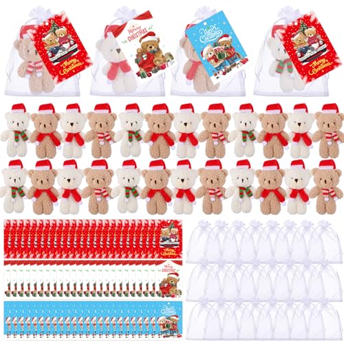 Soulchen 24 Sets Christmas Mini Deer Stuffed Animal Plush Gifts Small Deer Ornaments for Christmas Tree Decorations with Gift Cards and Organza Bags for Xmas Stockings Party Favor Birthday Wedding