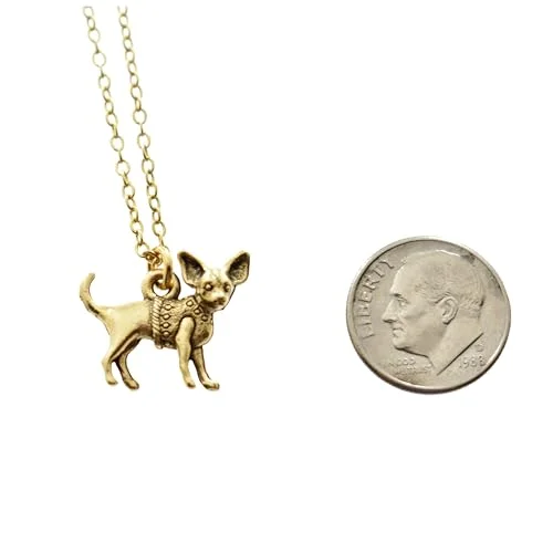 Chihuahua charm pendant in 24K gold plated pewter on a 18" gold stainless steel cable chain with a 2" extender. Chihuahua necklace.