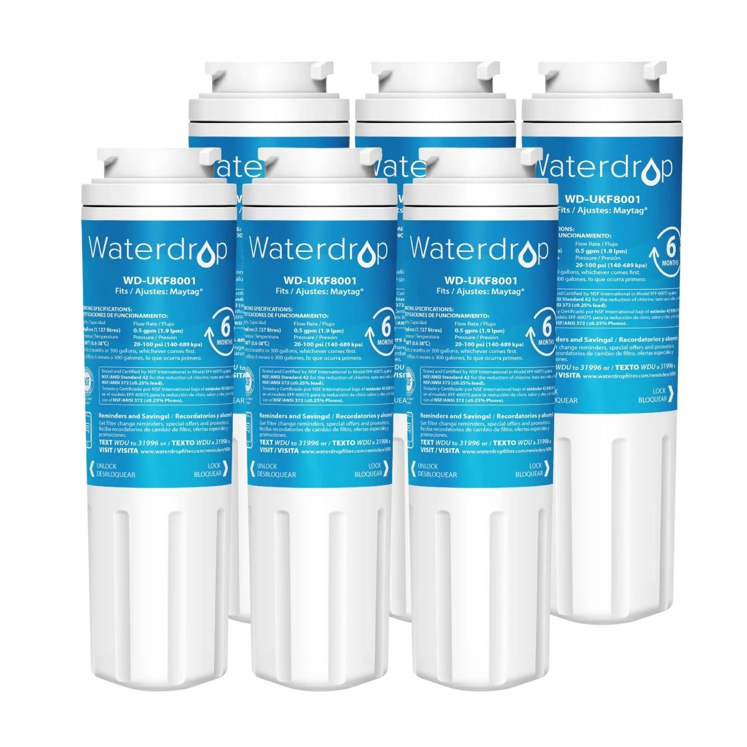 6 Pack Waterdrop UKF8001 Water Filter Replacement for  Maytag EDR4RXD1, UKF8001, UKF8001AXX, UKF8001P,  Whirlpool 4396395, Puriclean II, 469006 Refrigerator Water Filter