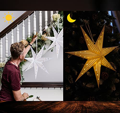 3Pack Paper Star Lantern with Fairy String Lights (90LED/4.5M/3PCS), Light up Lanterns Hanging Decoration for Indoor Wedding Birthday Holiday Party Home Window Decor