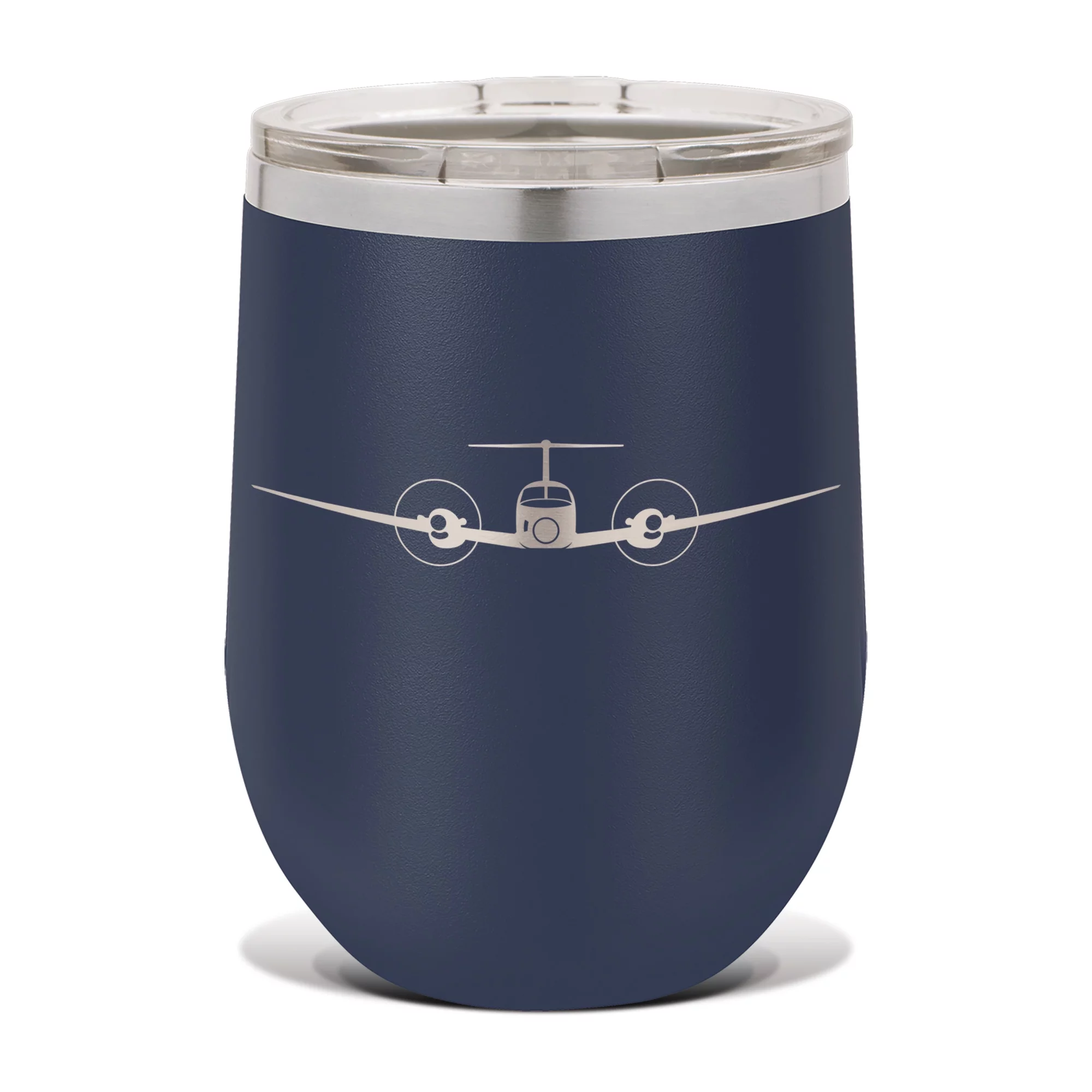 C-12 Huron Wine Tumbler 12 oz - Laser Engraved - Polar Camel - Stainess Steel - Vacuum Insulated - Double Walled - Wine Glass - Stemless - Drinkware Clear Lid - c12 aircraft king air 1900 - Navy