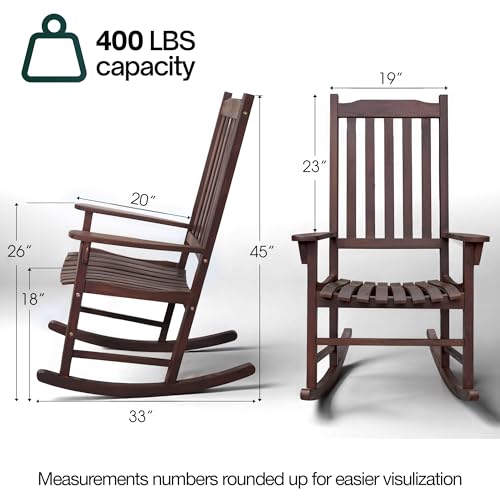 Tranquillo Oasis Wooden Rocking Chair for Patio, Porch, or Indoor Use – Classic Acacia Wood Rocker with Sturdy Frame, Comfortable Slatted Seat, Smooth Rocking Motion – Farmhouse Outdoor Chair