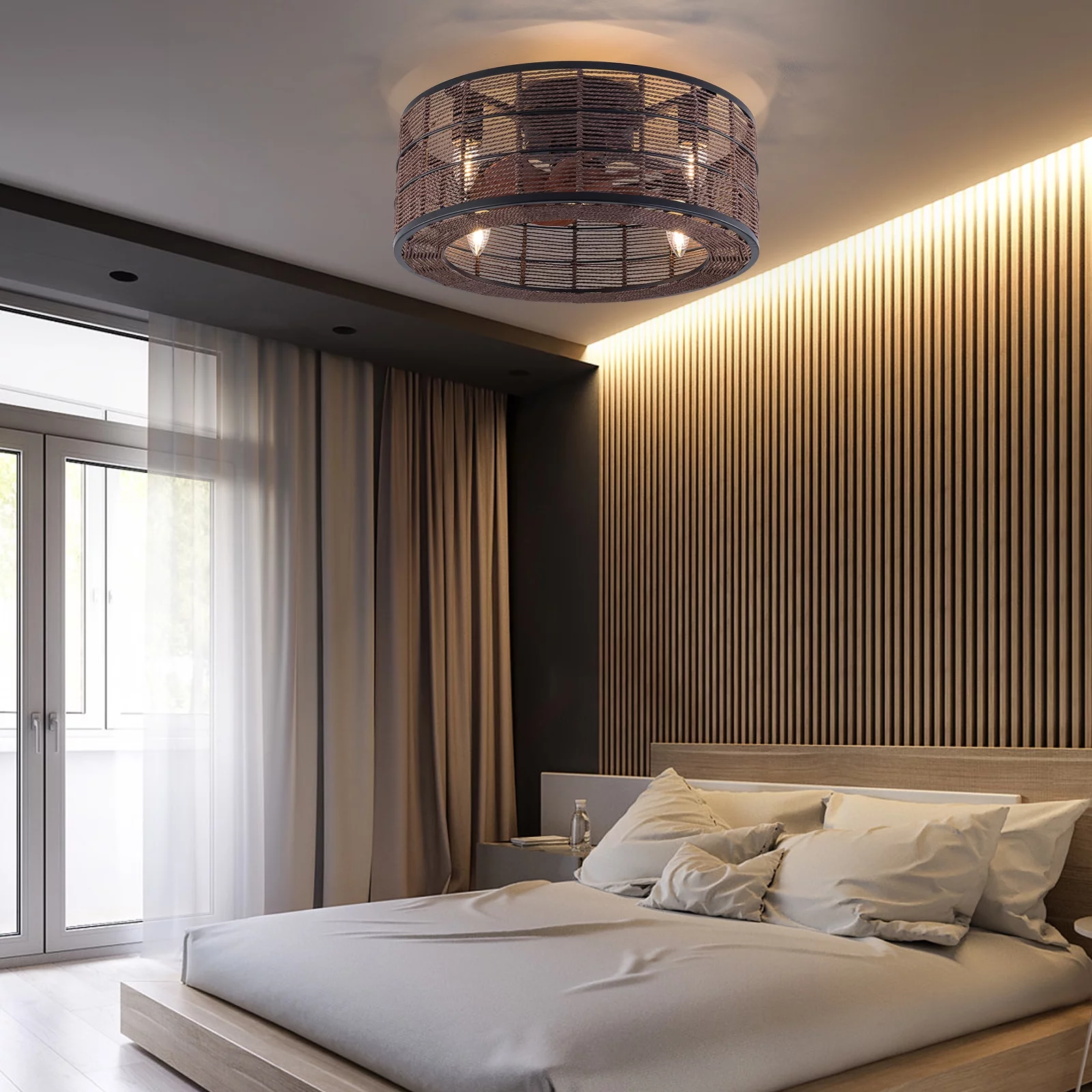 Oukaning 18.5 Inch Black Caged Ceiling Fan with Light Mute Motor Chandelier Fan for Living Room, Dining Room, Kitchen Island