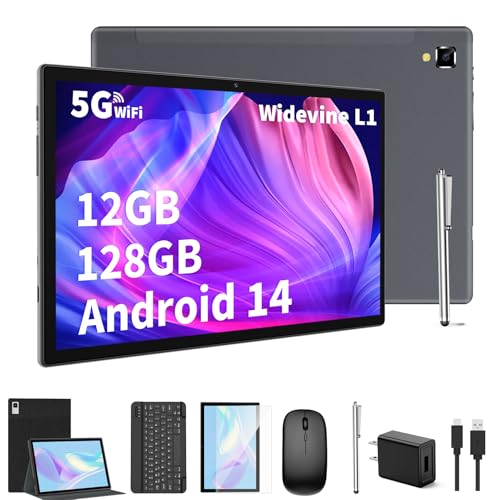 Android Tablet with Keyboard,10 inch Android 14 Tablets, 12GB RAM 128GB ROM, 1TB Expand, 8000mAh, 2.4G/5G WiFi, Bluetooth, GMS Certified, with Case, Mouse, Stylus Tablet PC (Black)