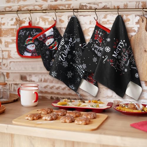 6 Pcs Christmas Kitchen Decor Set Gnomes Kitchen Towels Oven Mitts and Pot Holders Christmas Tree Truck Theme Dish Towels Oven Mitts and Pot Holders for Home Baking